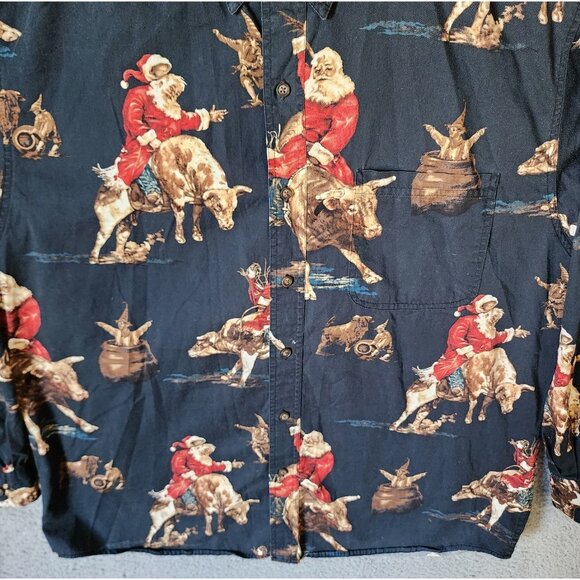 Bit & Bridle Large Button Down Rodeo Cowboy Bull Riding Santa Western Christmas - Picture 7 of 13